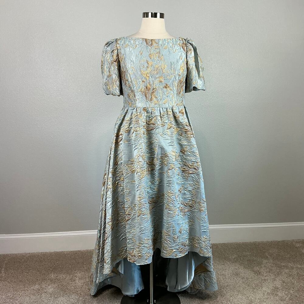 Mac Duggal 11608 Metallic Floral High Low Evening Gown Blue + Gold Size 14 Dress - Picture 2 of 12